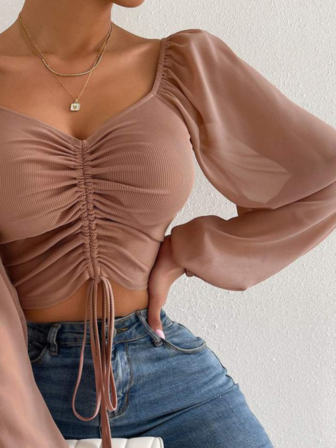 Drawstring Sweetheart Neck Cropped Top - Scarlett's Riverside Boutique