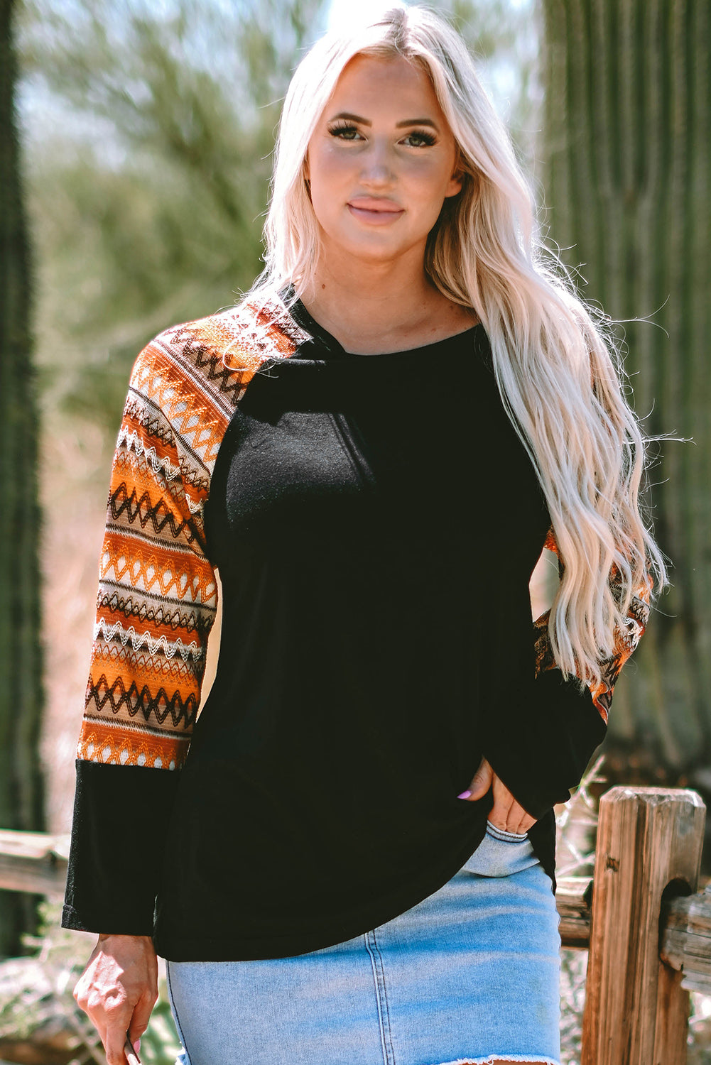 Orange Geo Print Raglan Patchwork Long Sleeve Tee - Scarlett's Riverside Boutique