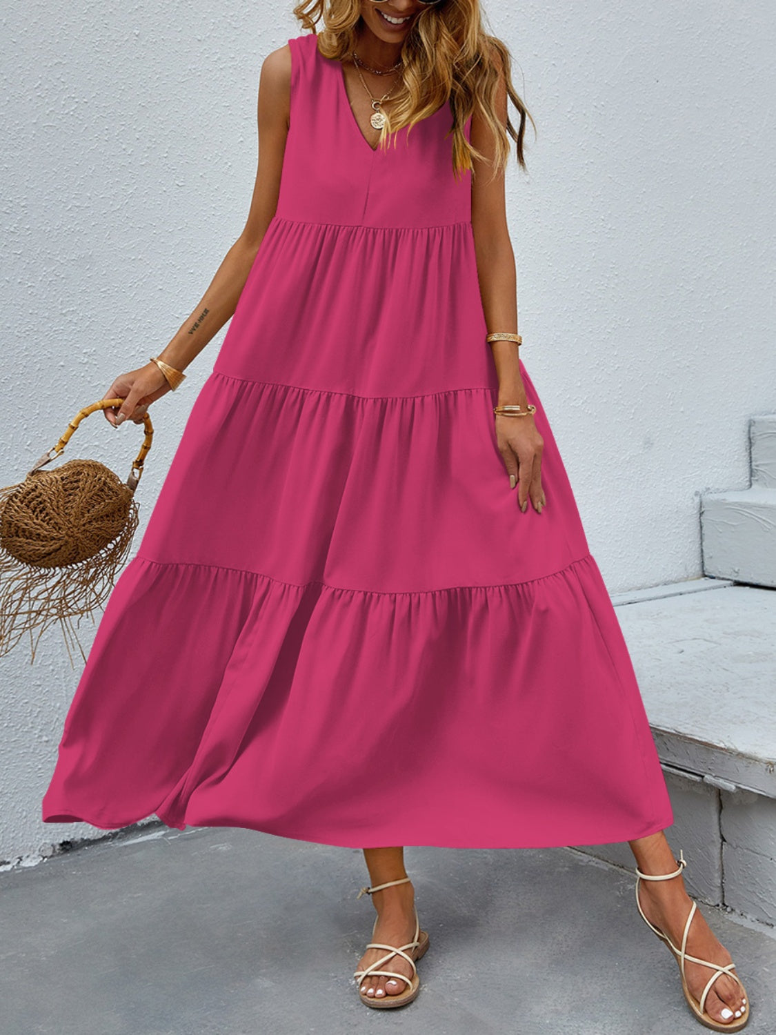 Tiered V-Neck Sleeve Dress - Scarlett's Riverside Boutique