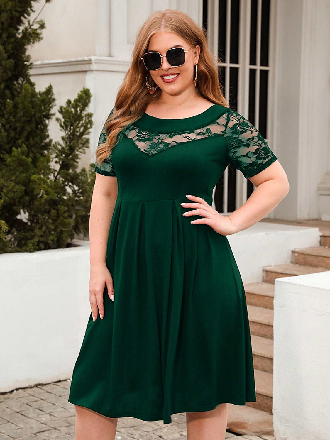 Plus Size Ruched Round Neck Short Sleeve Dress - Scarlett's Riverside Boutique