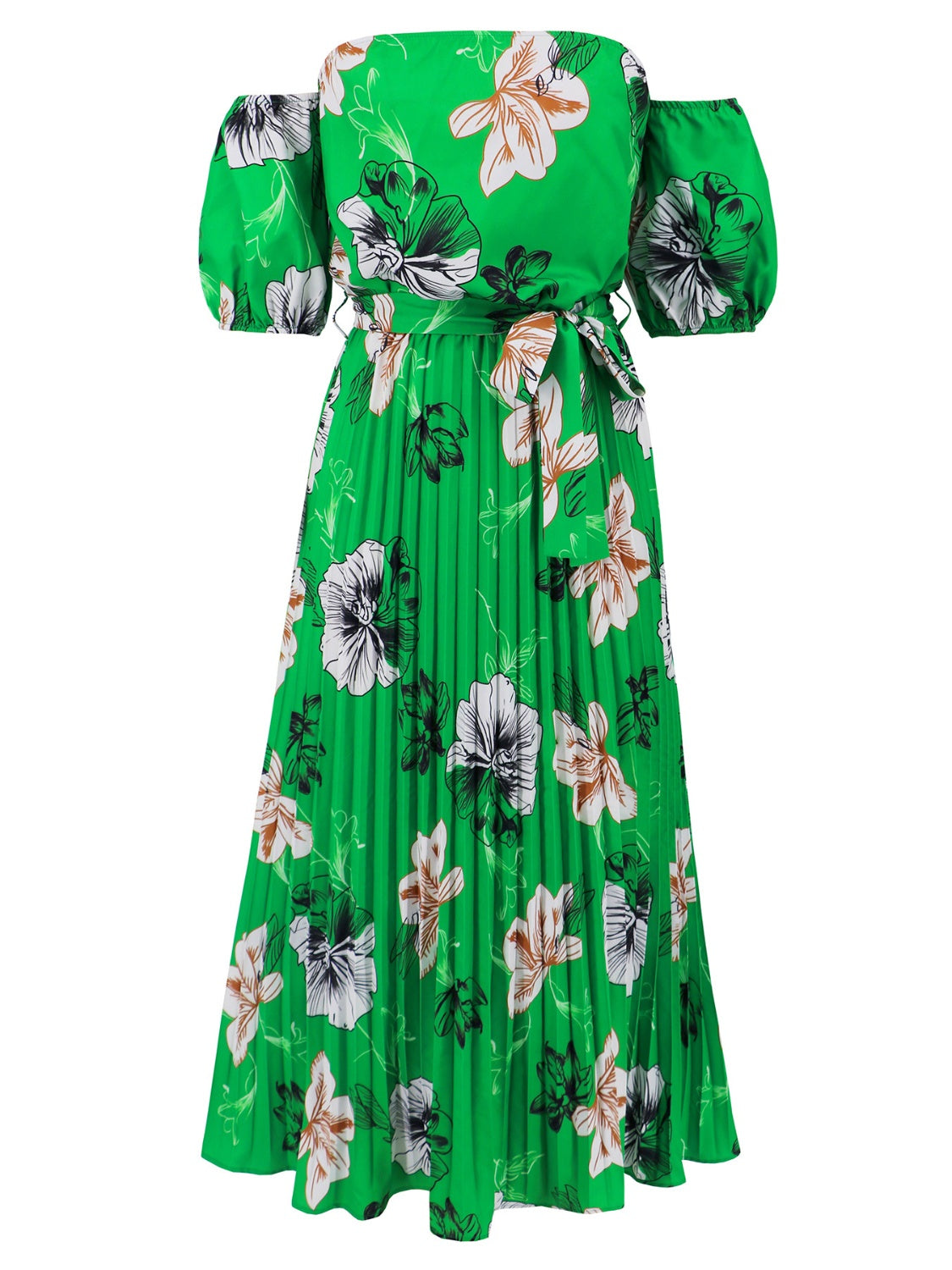 Pleated Floral Off-Shoulder Short Sleeve Midi Dress - Scarlett's Riverside Boutique