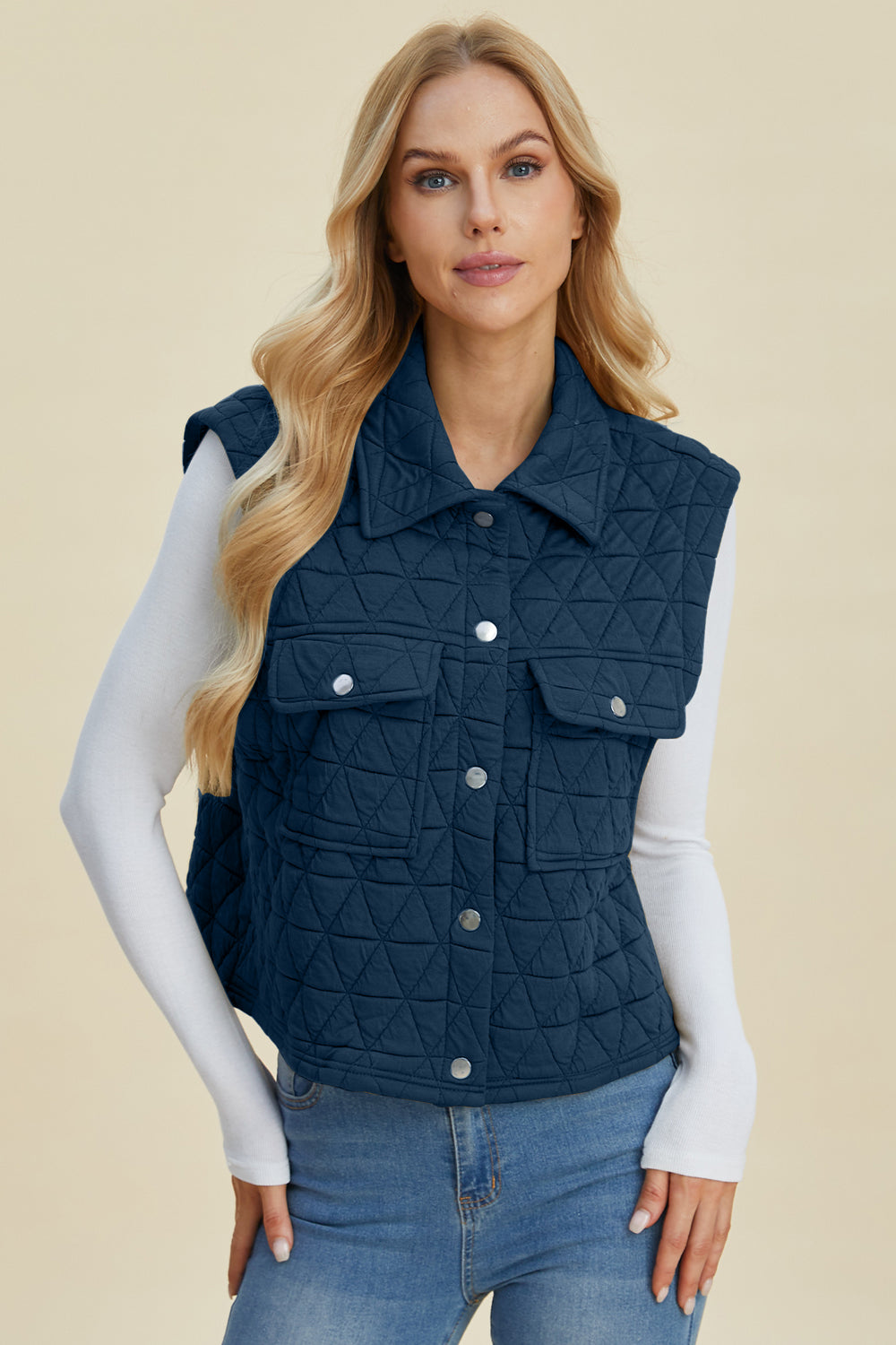 Double Take Full Size Pocketed Texture Snap Down Vest Coat - Scarlett's Riverside Boutique