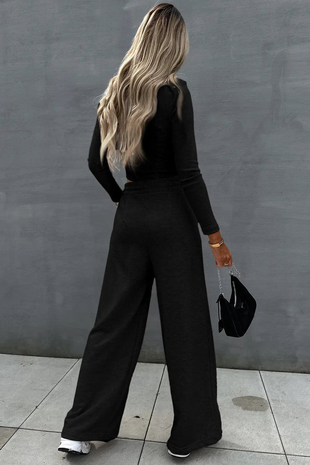 Black Crop Top and Wide Leg Pants Two Piece Set - Scarlett's Riverside Boutique