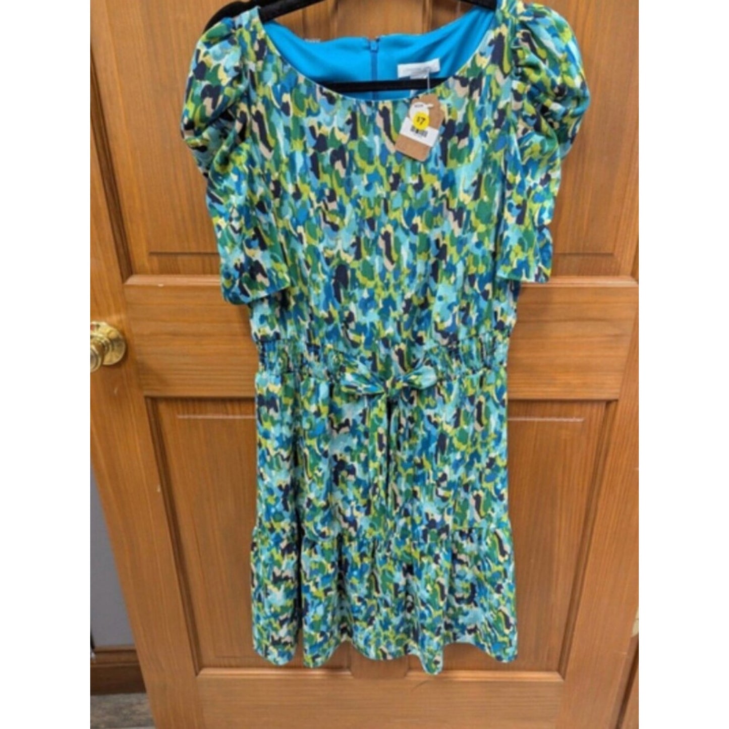 London Times Dress Women’s Size 8 Blue Green Abstract Floral Puff Sleeve Belted