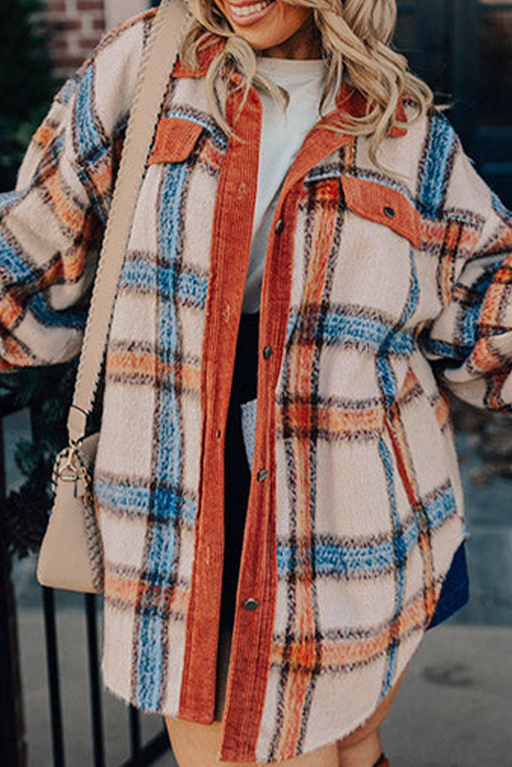 Brown Stripe Plus Size Plaid Print Collared Buttoned Jacket - Scarlett's Riverside Boutique