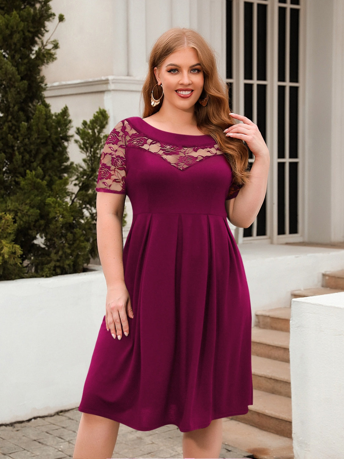 Plus Size Ruched Round Neck Short Sleeve Dress - Scarlett's Riverside Boutique