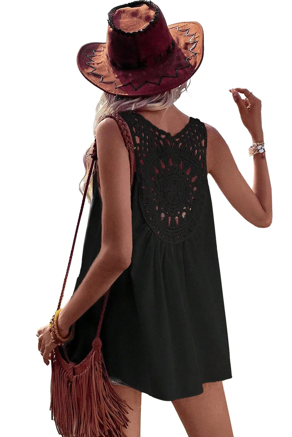 Black Bohemian Crochet Patchwork Sleeveless Tunic - Scarlett's Riverside Boutique