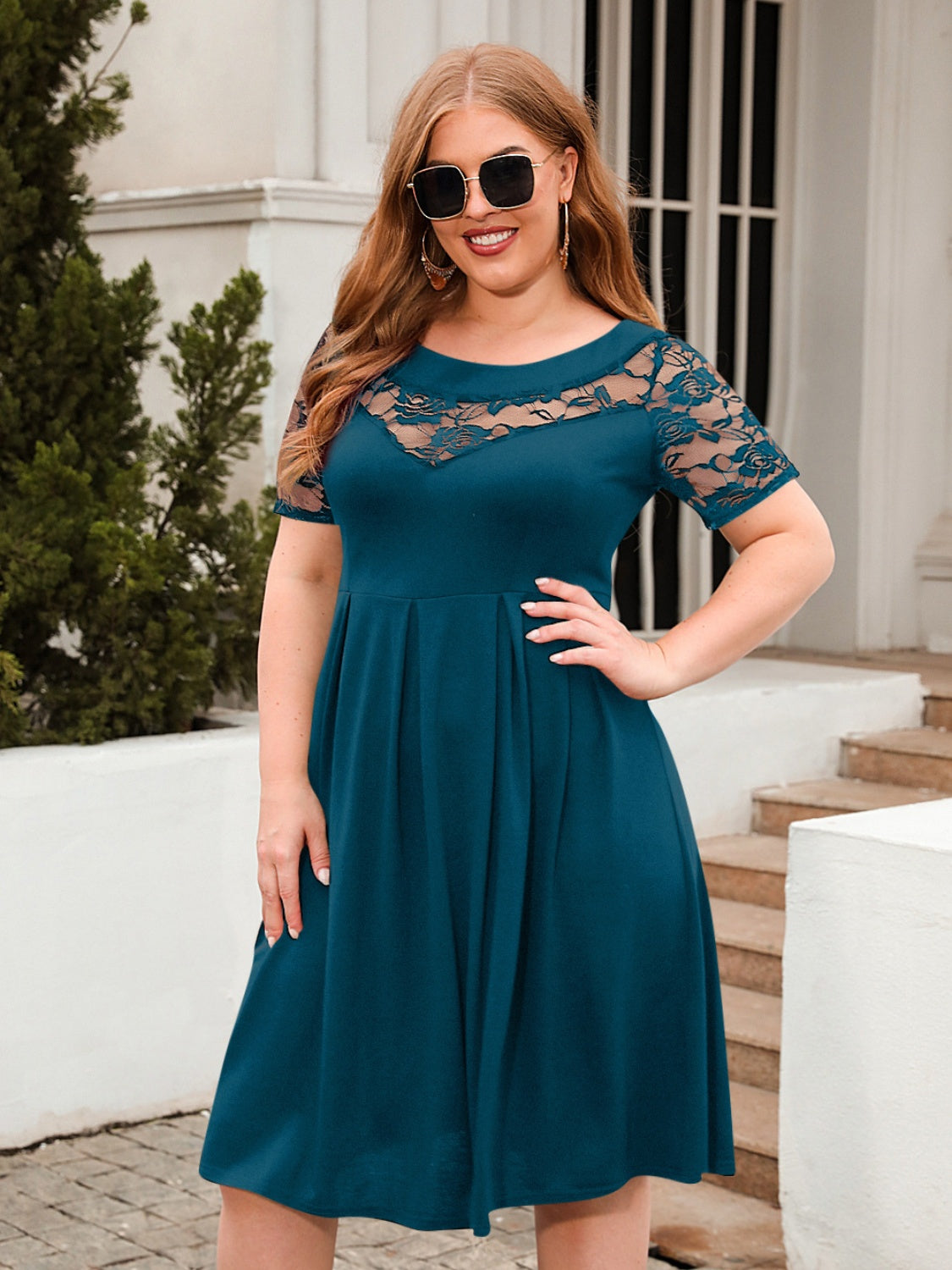 Plus Size Ruched Round Neck Short Sleeve Dress - Scarlett's Riverside Boutique