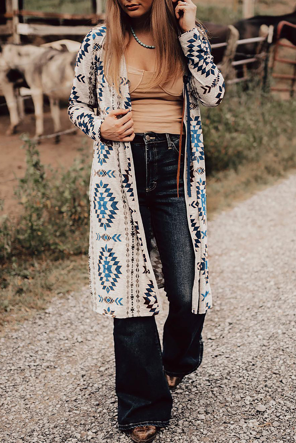 Sky Blue Western Aztec Printed Open Front Long Cardigan - Scarlett's Riverside Boutique