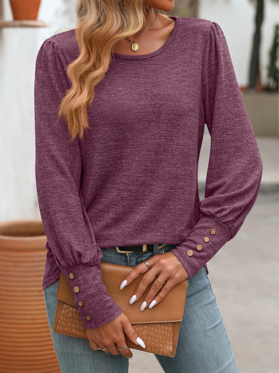 Decorative Button Round Neck Long Sleeve T-Shirt - Scarlett's Riverside Boutique