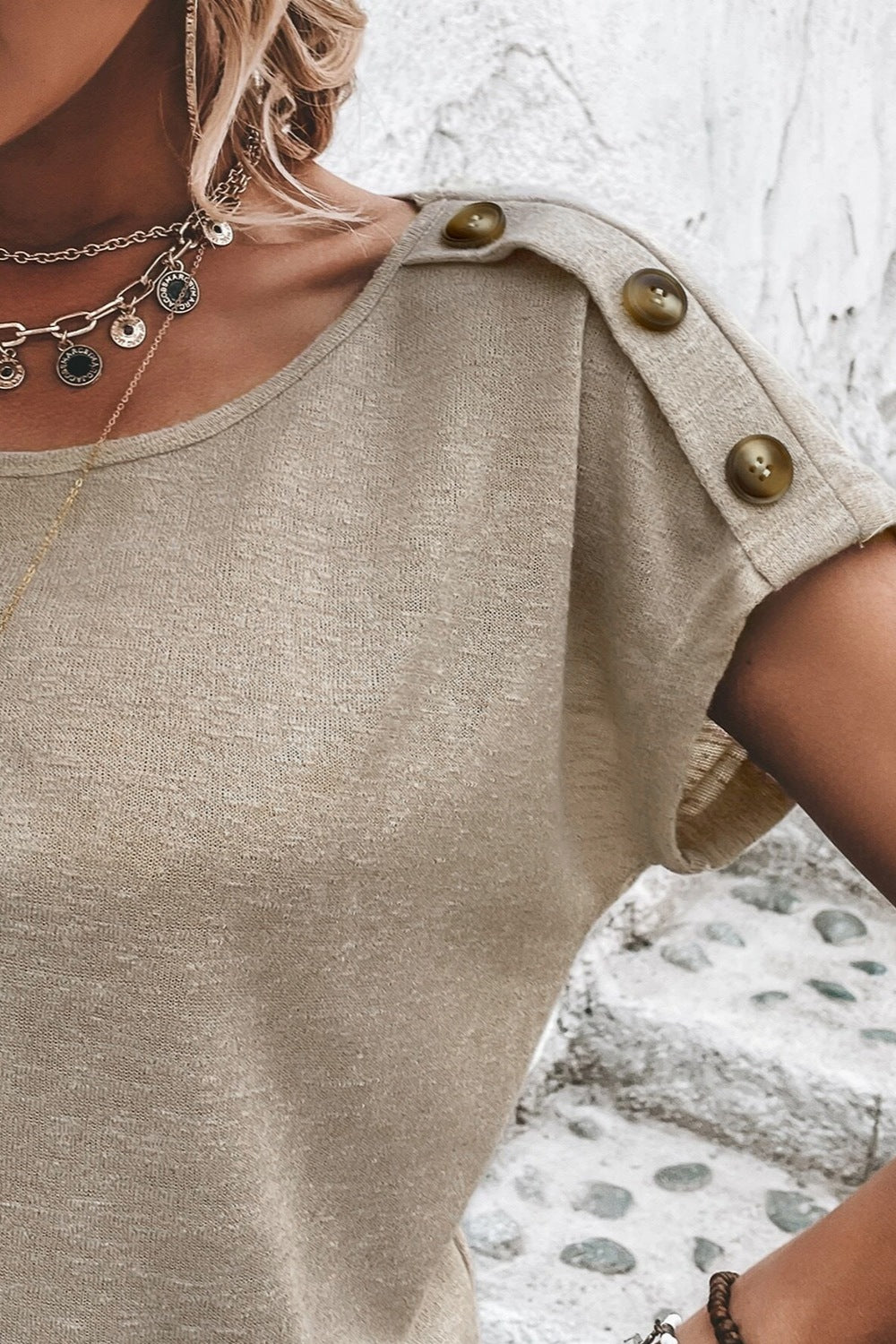 Decorative Button Round Neck Short Sleeve Blouse - Scarlett's Riverside Boutique