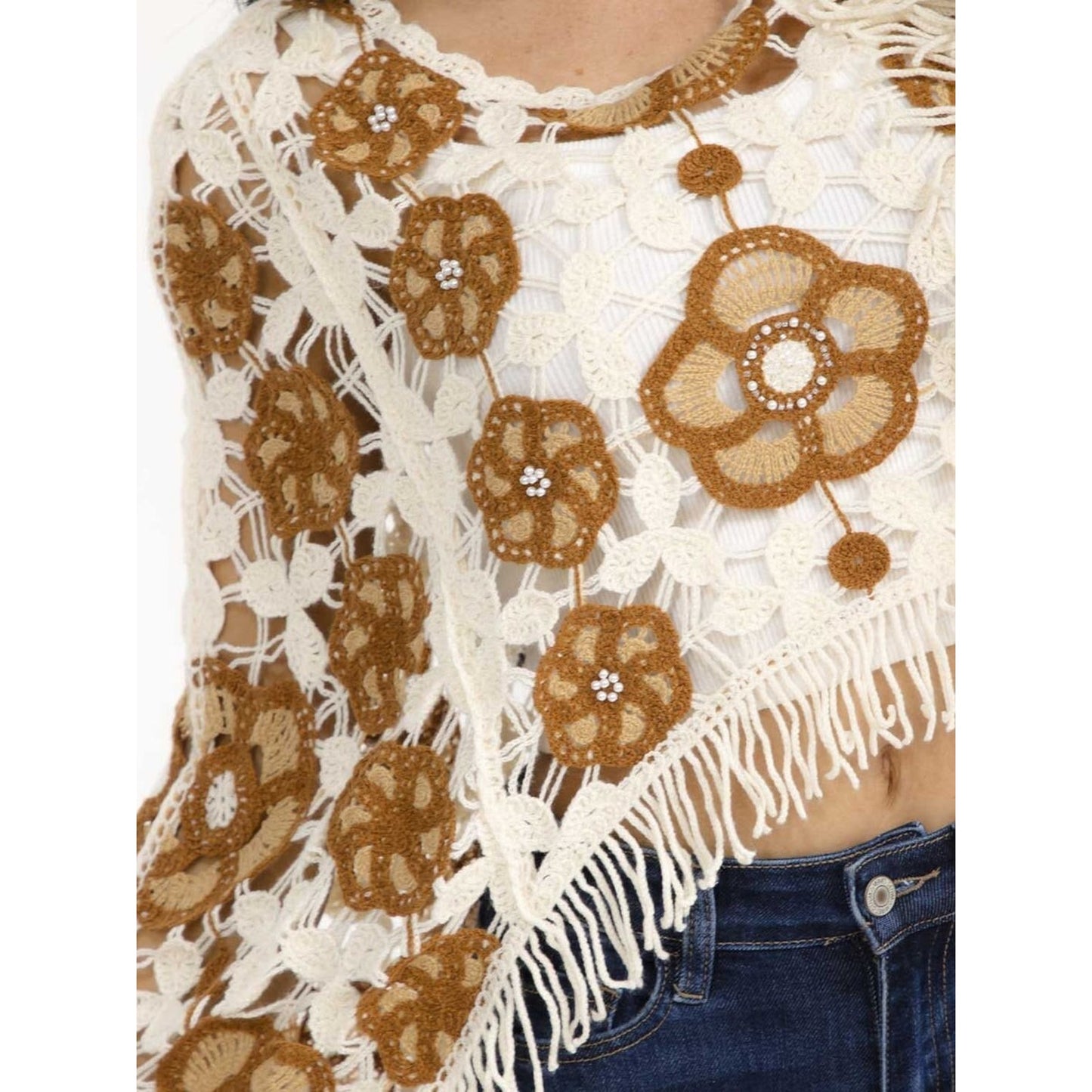 Boho Crochet Floral Fringe Crop Sweater Top Cream Brown Long Sleeve