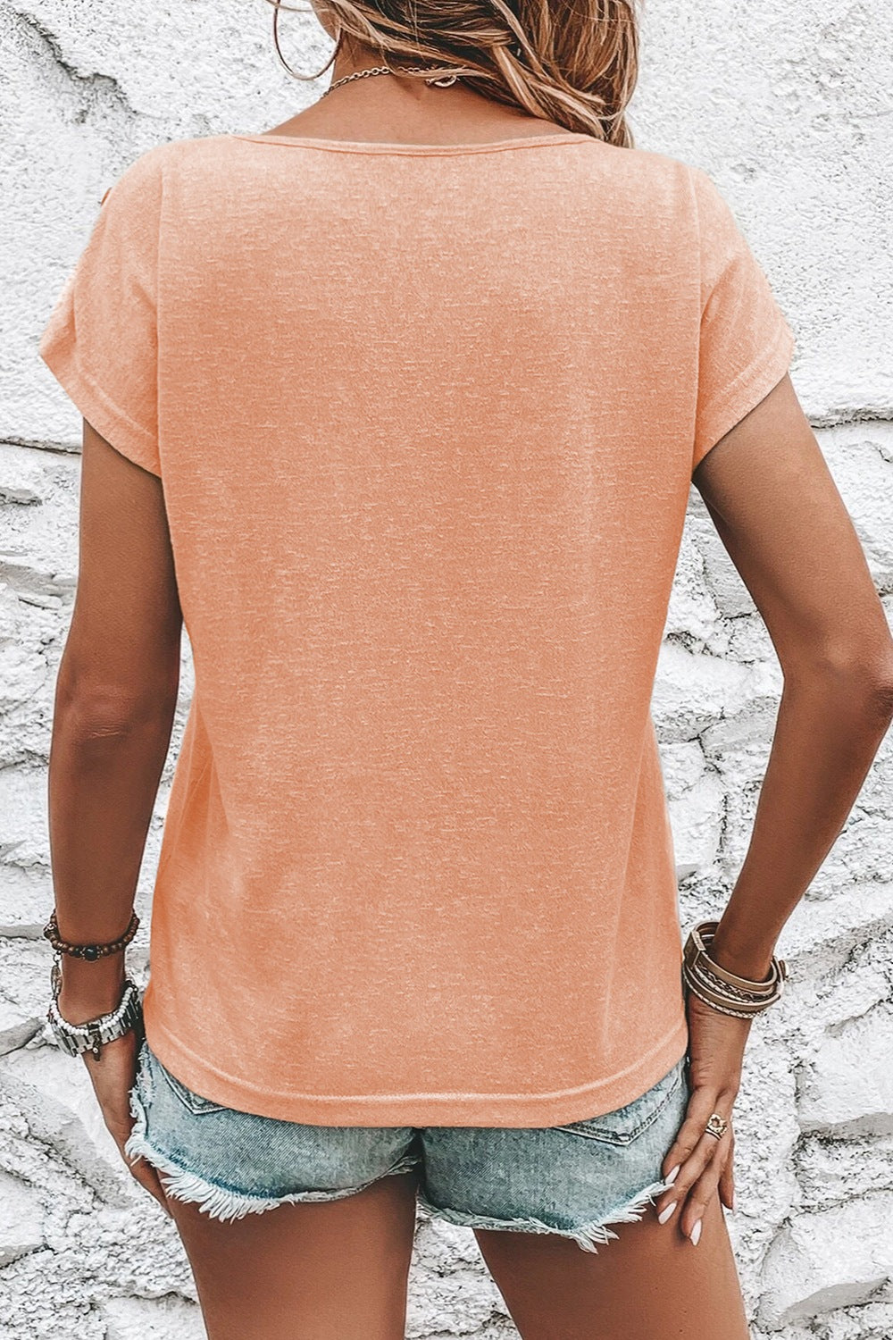 Decorative Button Round Neck Short Sleeve Blouse - Scarlett's Riverside Boutique