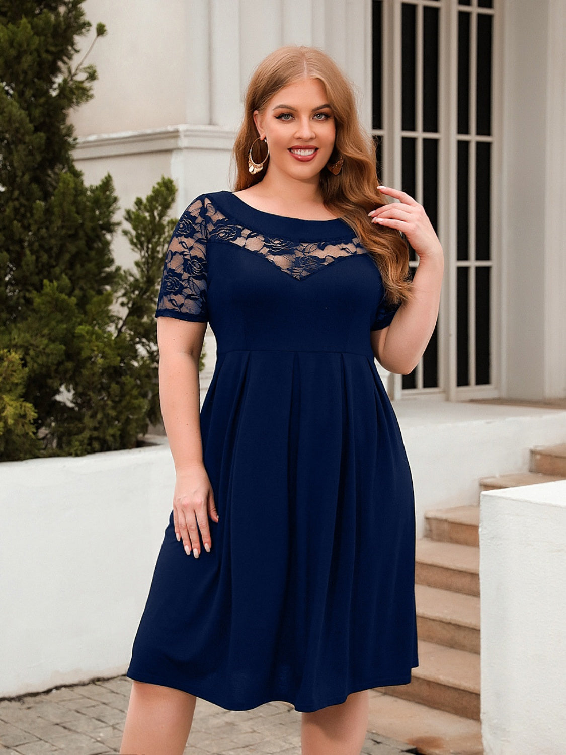 Plus Size Ruched Round Neck Short Sleeve Dress - Scarlett's Riverside Boutique