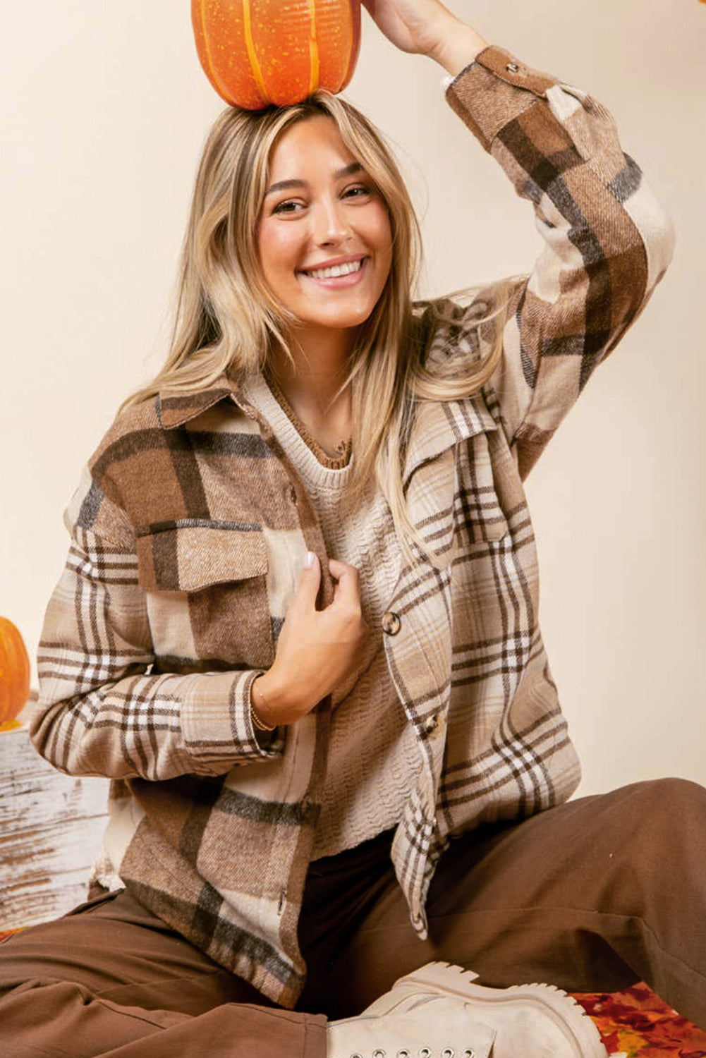 Light French Beige Flannel Plaid Double Flap Pocket Shacket - Scarlett's Riverside Boutique