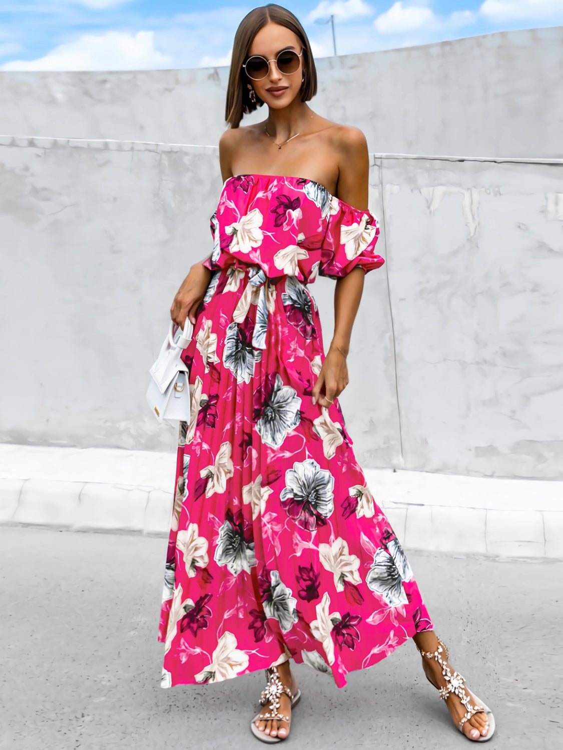 Pleated Floral Off-Shoulder Short Sleeve Midi Dress - Scarlett's Riverside Boutique