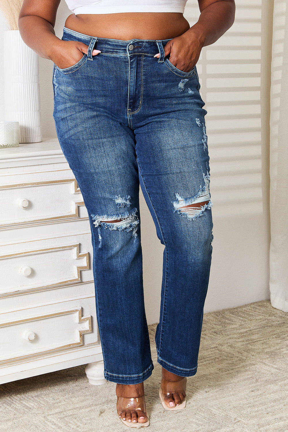 Judy Blue Full Size Mid Rise Hand Sand & Destroy Bootcut Jeans - Scarlett's Riverside Boutique
