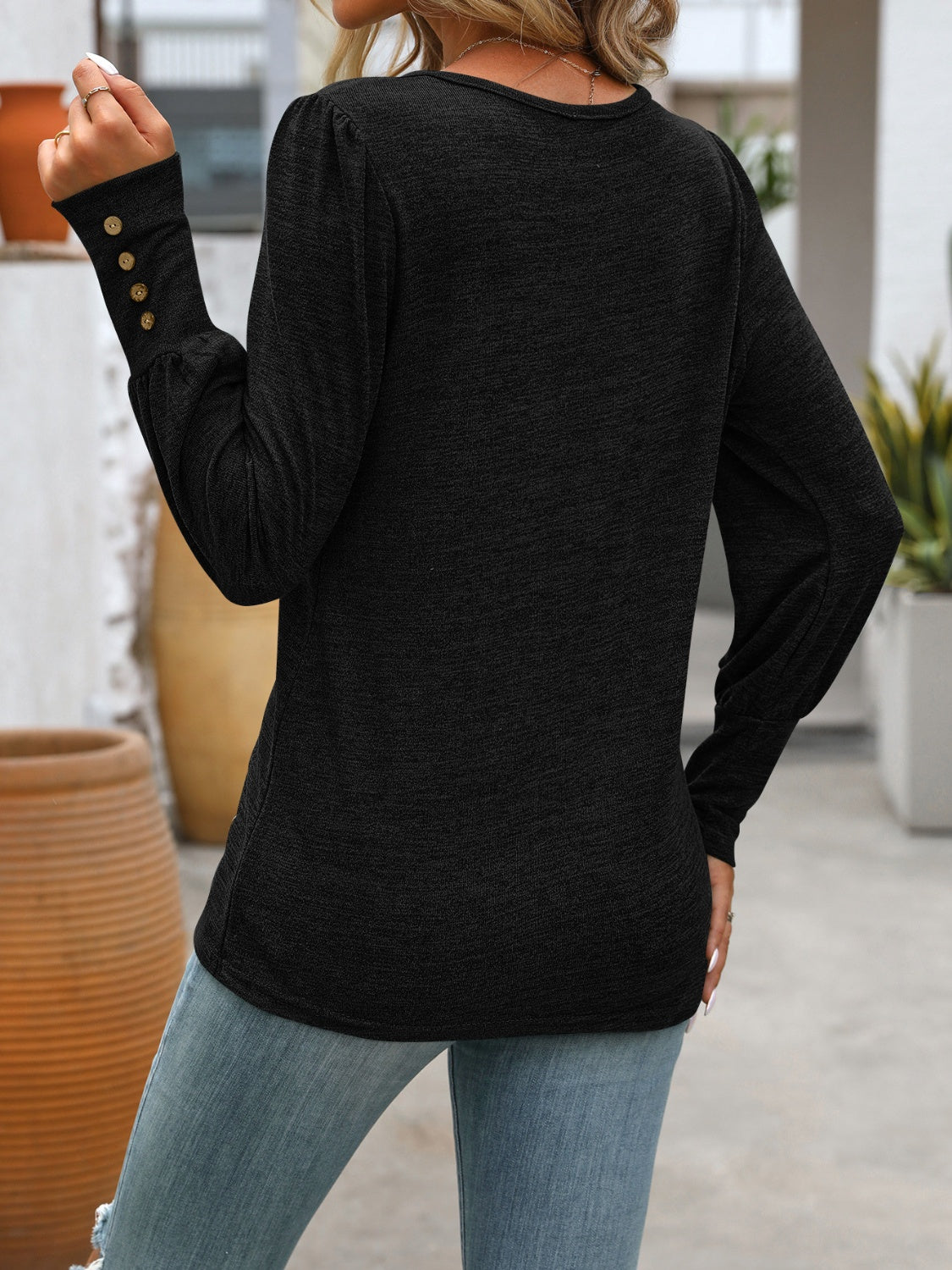 Decorative Button Round Neck Long Sleeve T-Shirt - Scarlett's Riverside Boutique