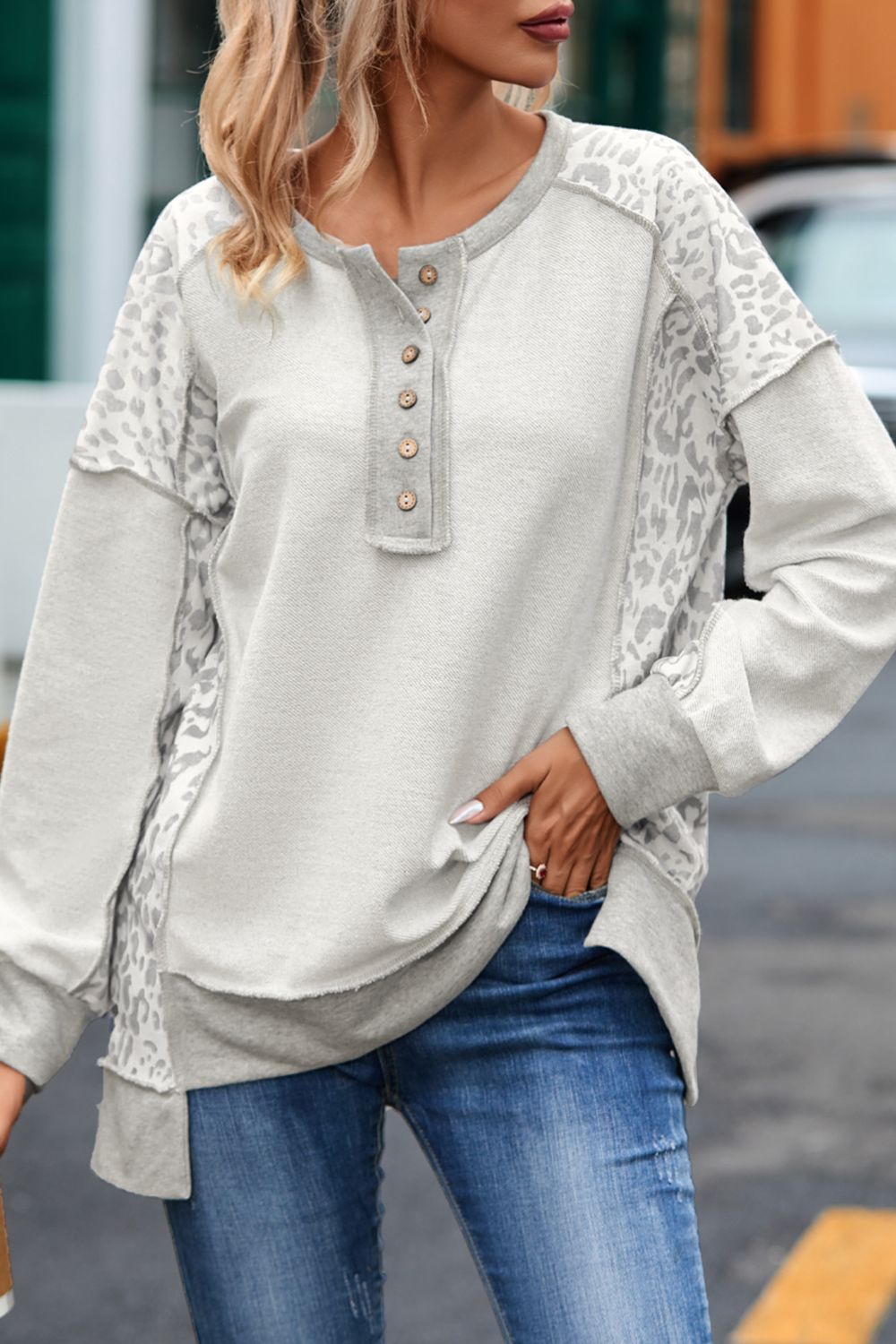 Exposed Seam Leopard Long Sleeve Sweatshirt - Scarlett's Riverside Boutique