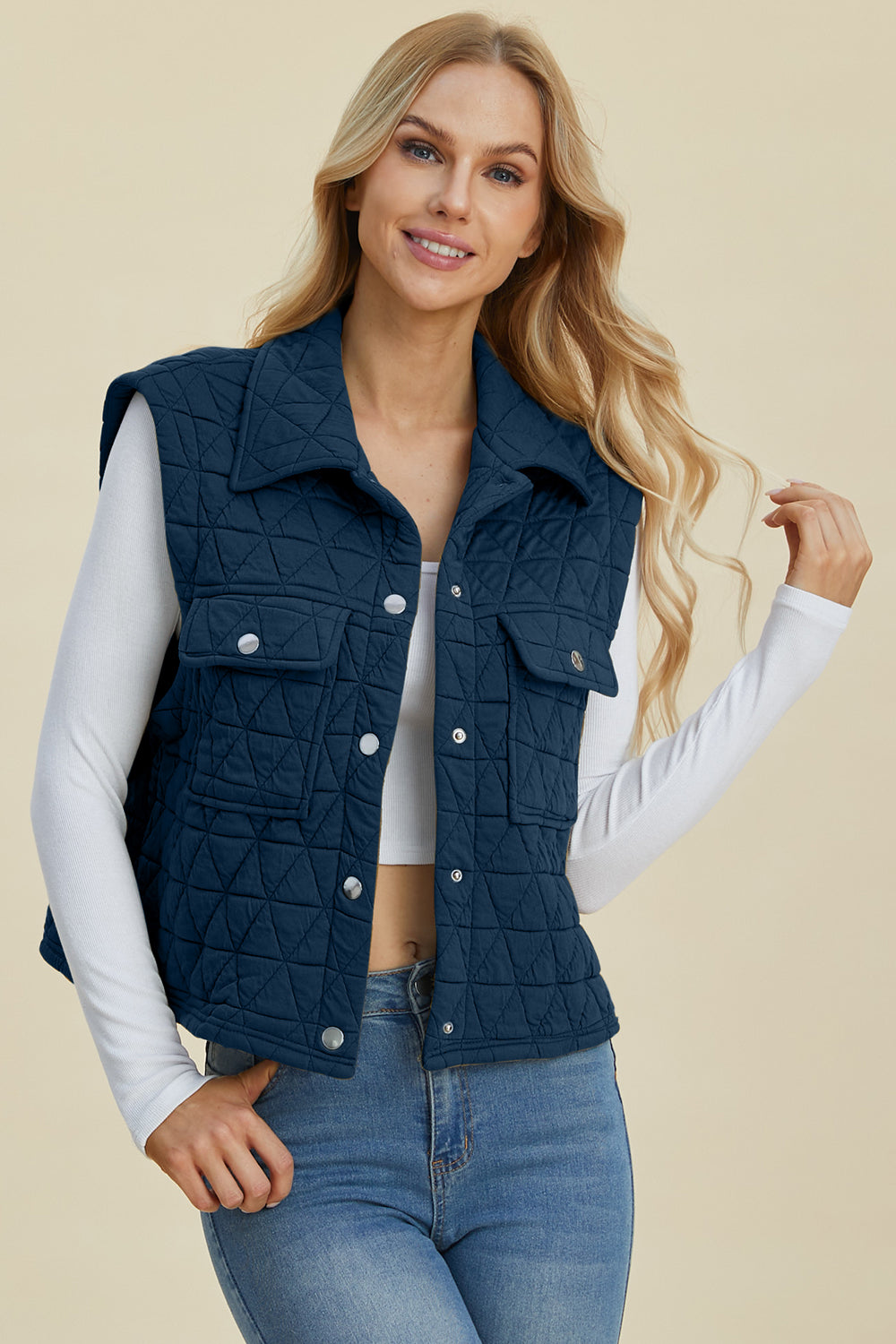 Double Take Full Size Pocketed Texture Snap Down Vest Coat - Scarlett's Riverside Boutique