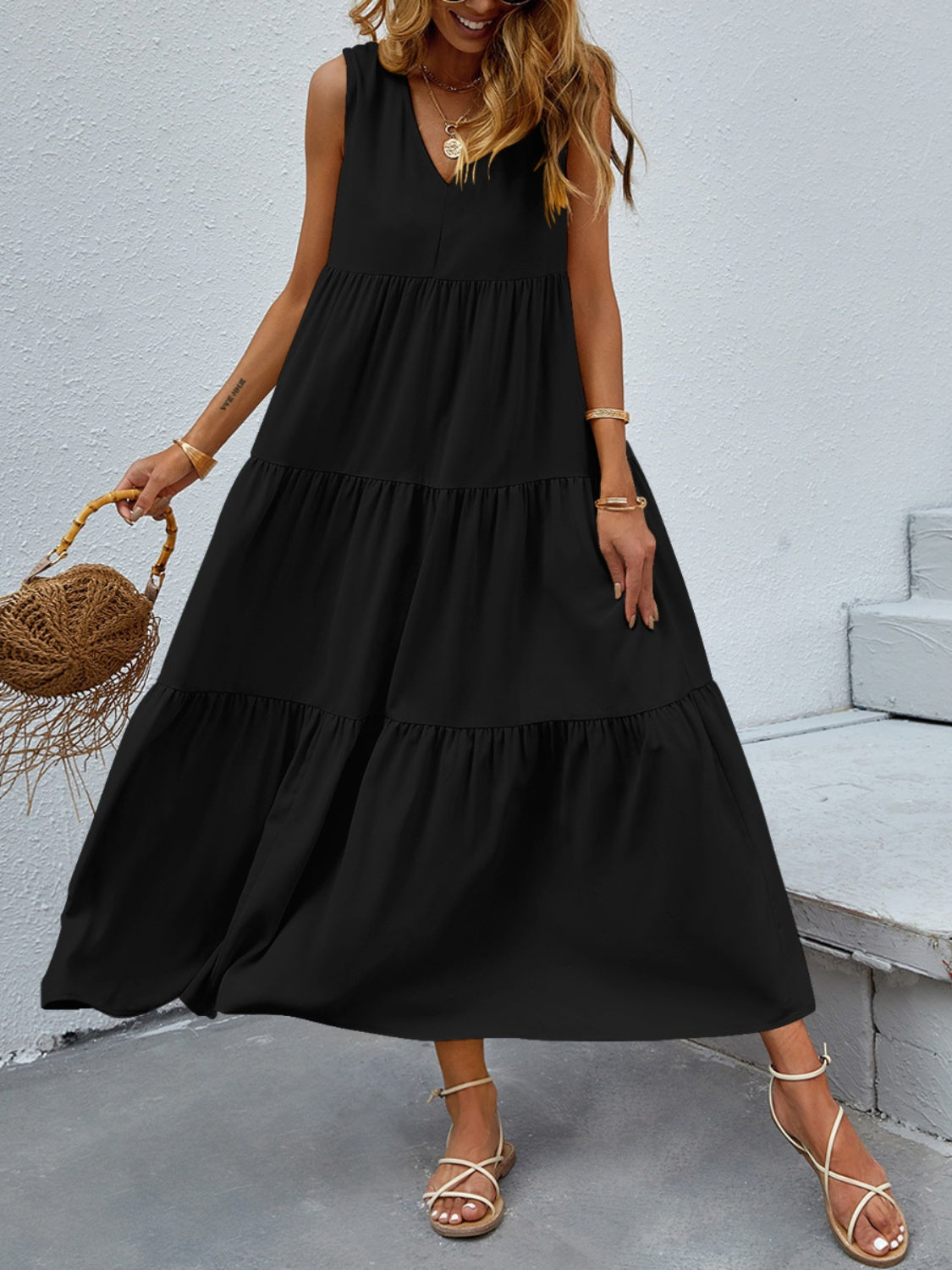Tiered V-Neck Sleeve Dress - Scarlett's Riverside Boutique