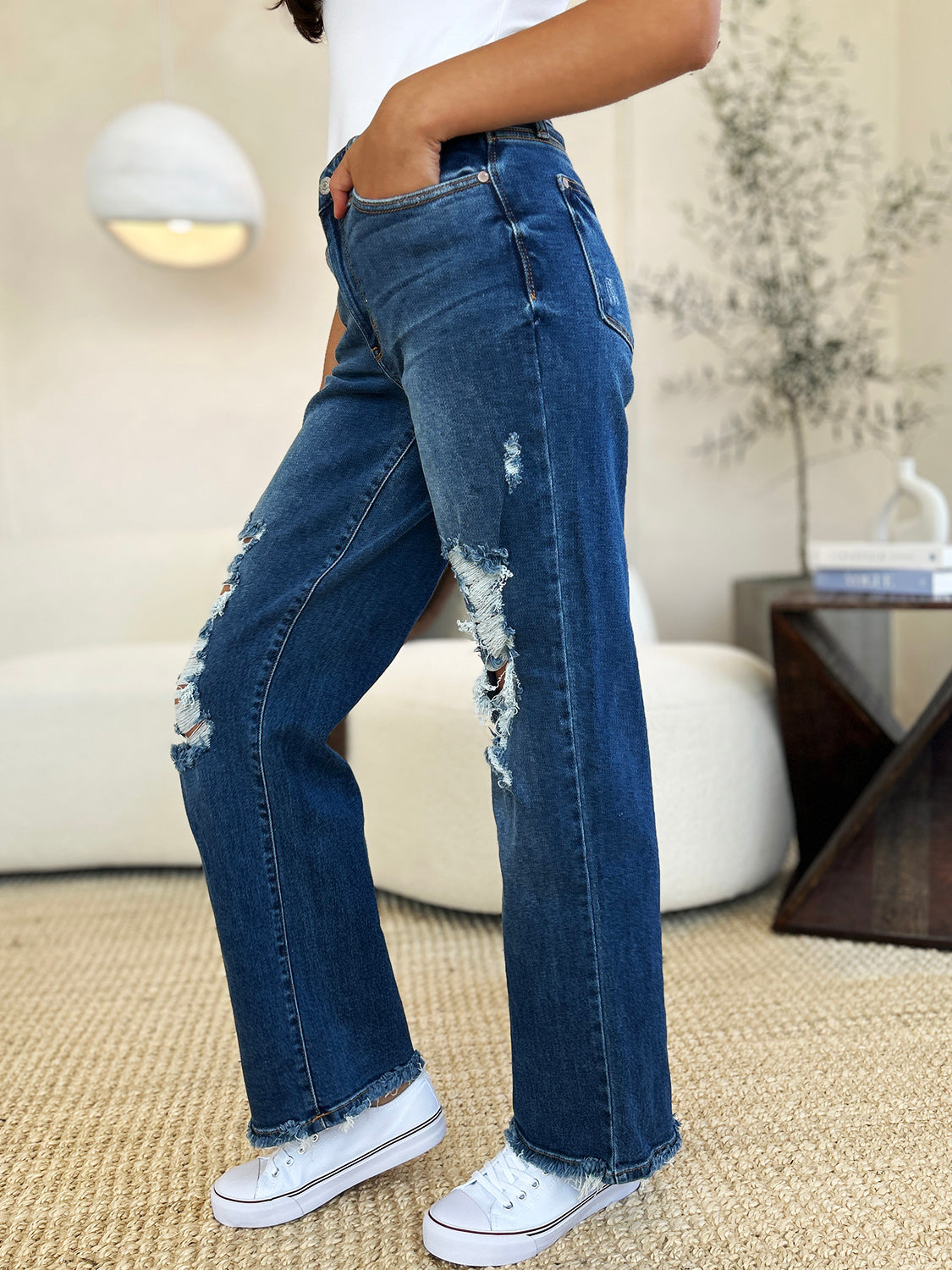 Judy Blue Full Size Mid Rise Distressed Raw Hem Jeans. 32" inseam - Scarlett's Riverside Boutique