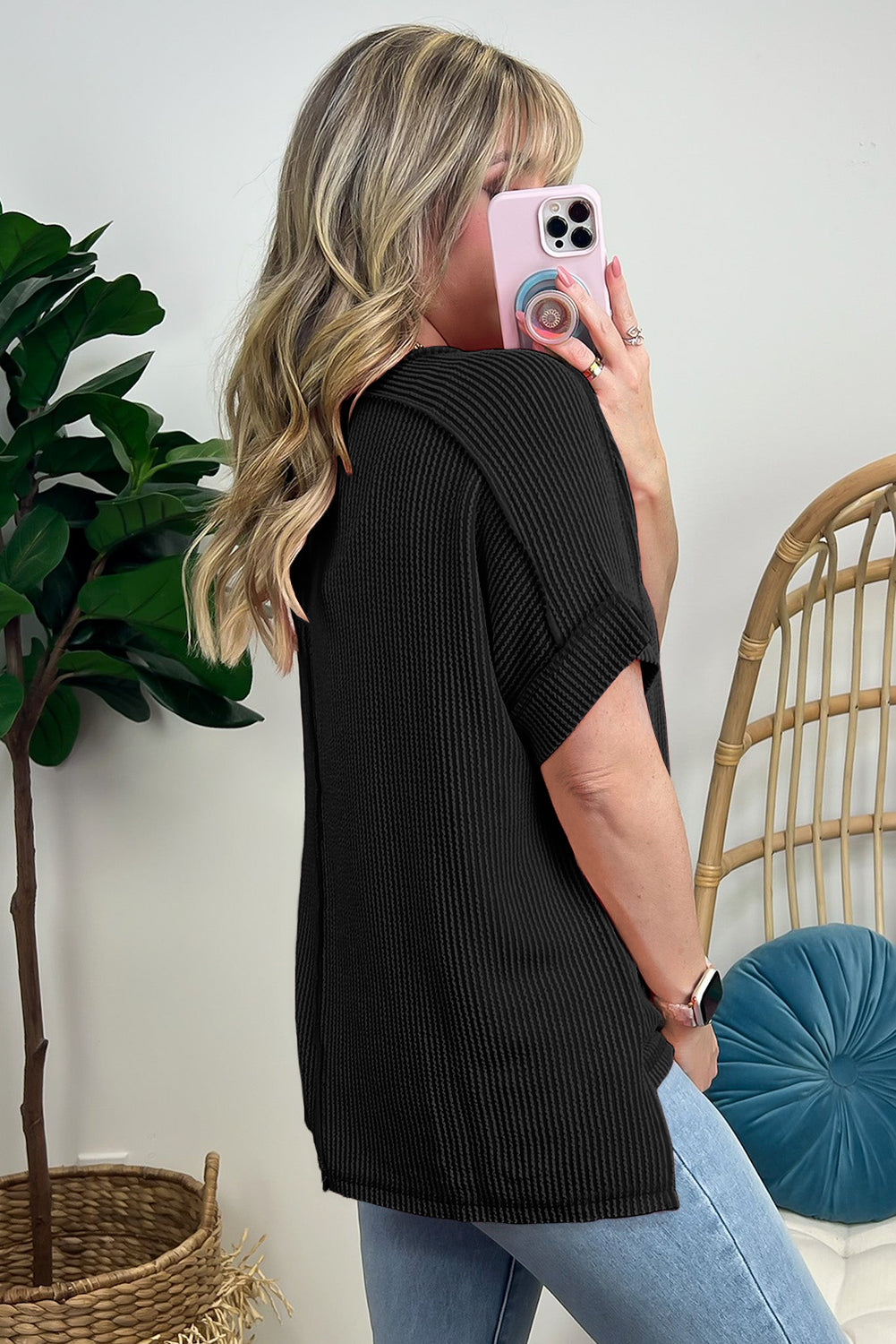 Black Textured Knit Exposed Stitching T-shirt - Scarlett's Riverside Boutique