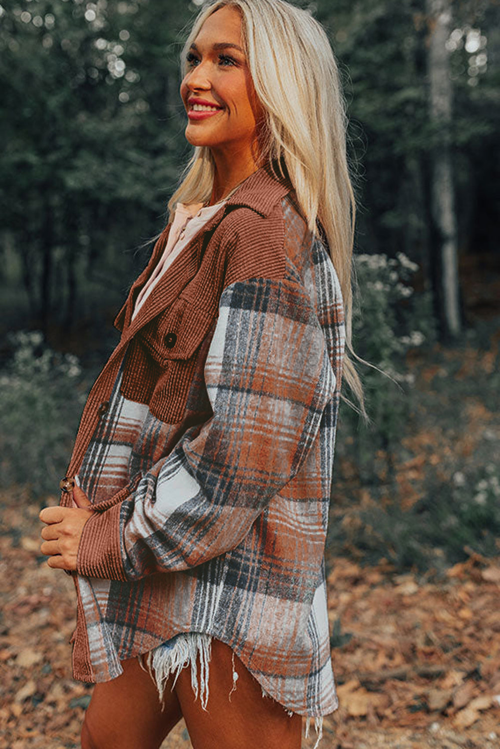 Cinnamon Plaid Corduroy Patchwork Chest Pocket Shacket - Scarlett's Riverside Boutique