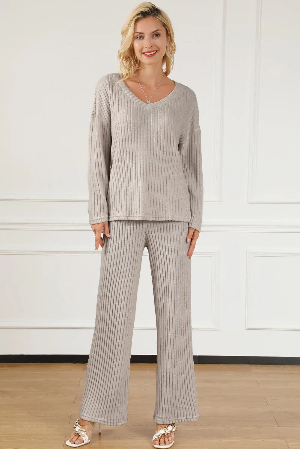 Khaki Ribbed Knit V Neck Slouchy Two-piece Outfit - Scarlett's Riverside Boutique