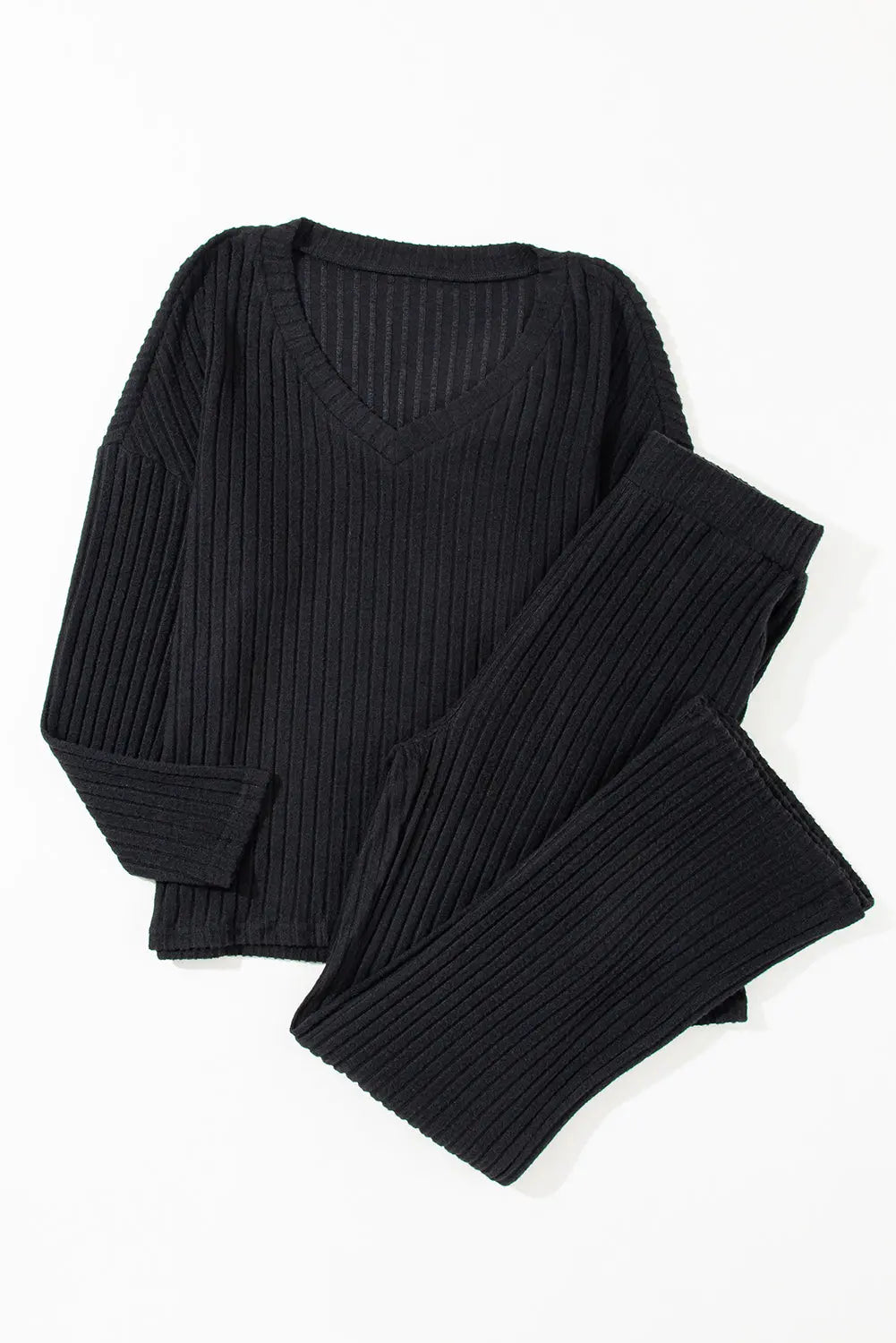 Black Ribbed Knit V Neck Slouchy Two-piece Outfit - Scarlett's Riverside Boutique