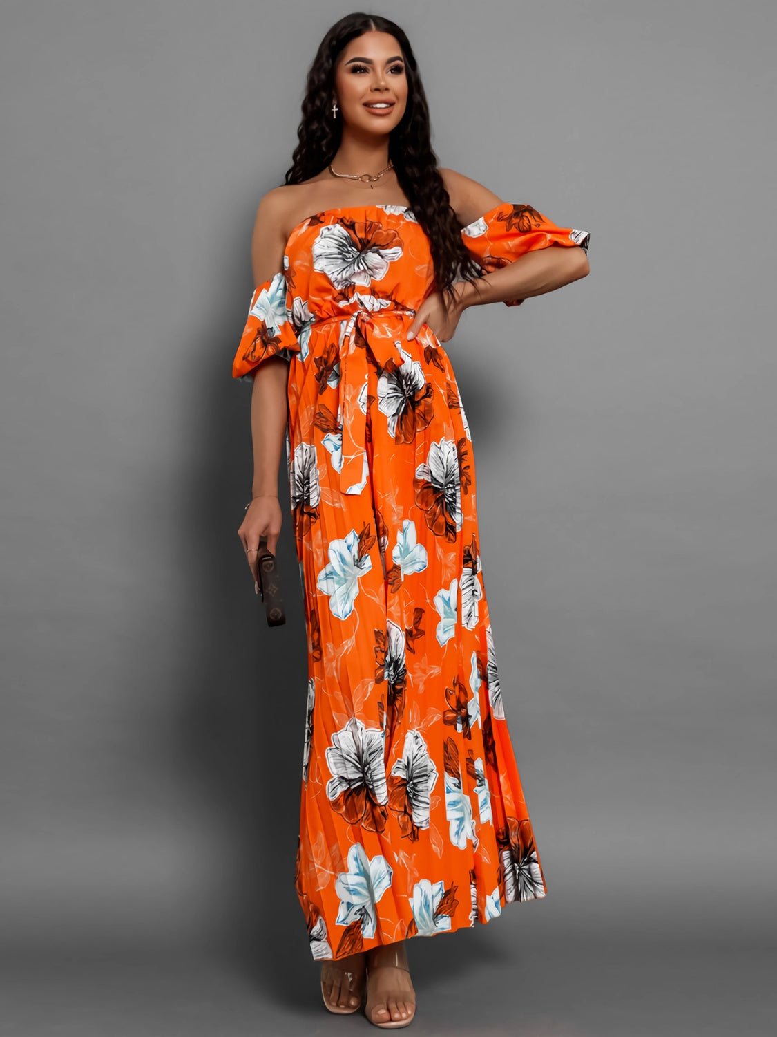 Pleated Floral Off-Shoulder Short Sleeve Midi Dress - Scarlett's Riverside Boutique