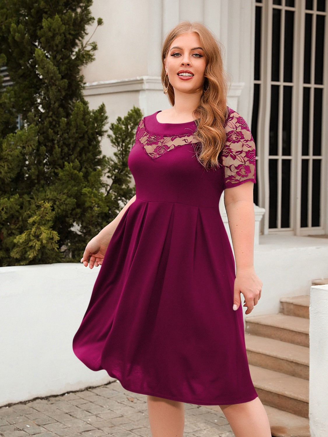 Plus Size Ruched Round Neck Short Sleeve Dress - Scarlett's Riverside Boutique