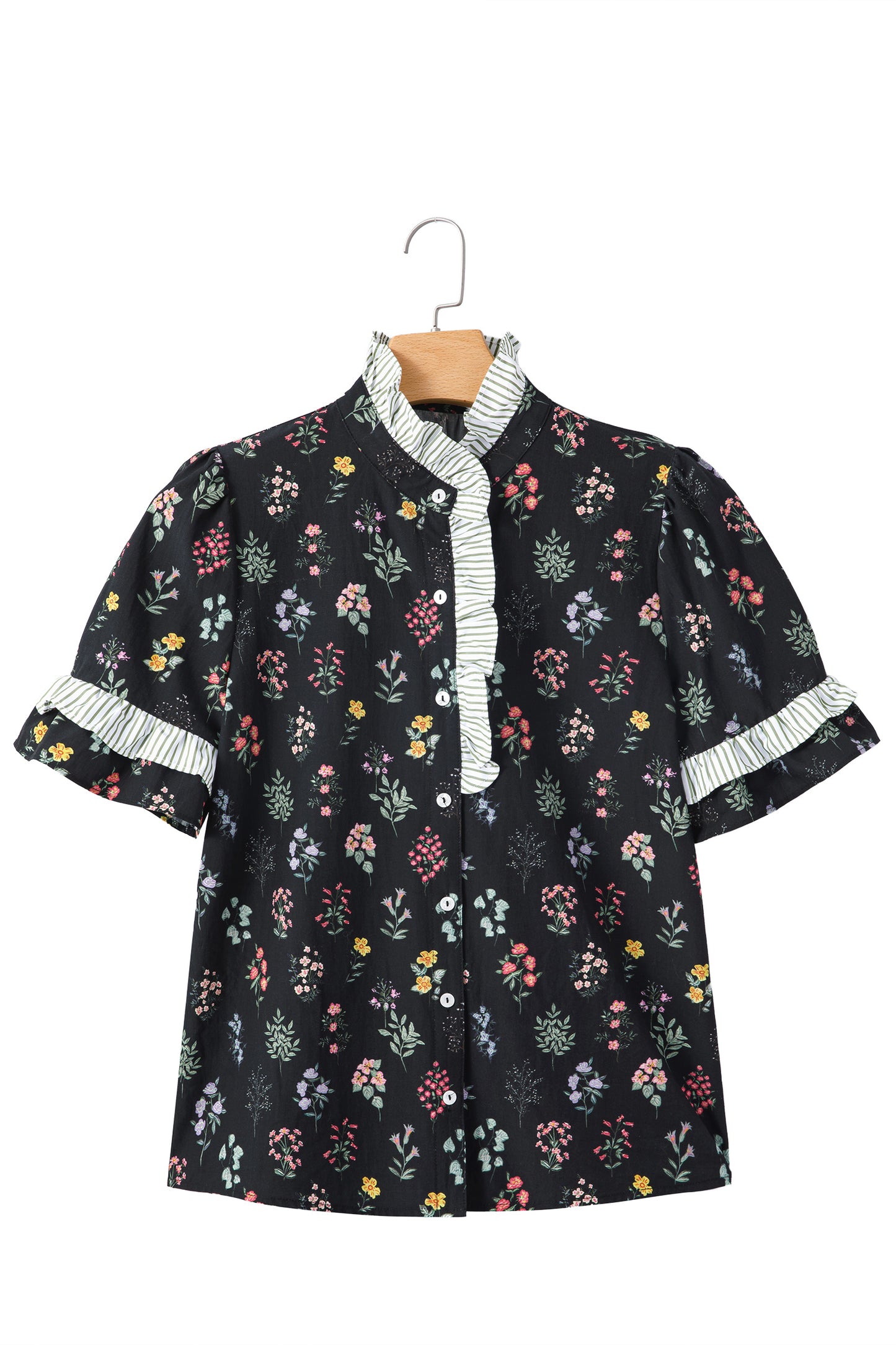 Women’s Black Floral Ruffle Blouse | Button Down Romantic Cottagecore Top with Striped Detail