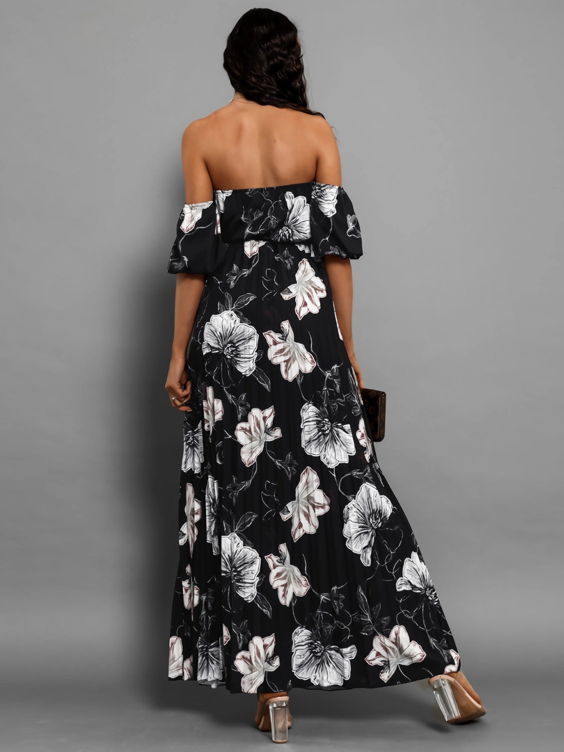Pleated Floral Off-Shoulder Short Sleeve Midi Dress - Scarlett's Riverside Boutique