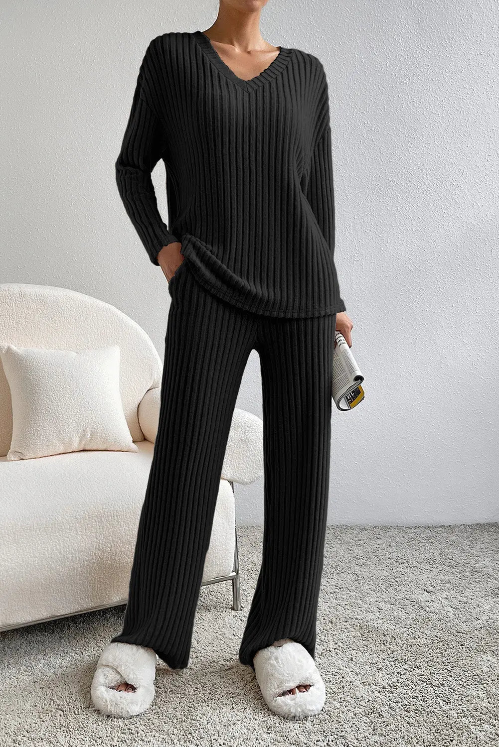 Black Ribbed Knit V Neck Slouchy Two-piece Outfit - Scarlett's Riverside Boutique