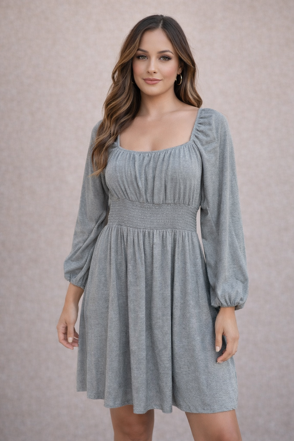NWT Gray Smocked Empire Waist Dress Long Sleeve Square Neck Size XL
