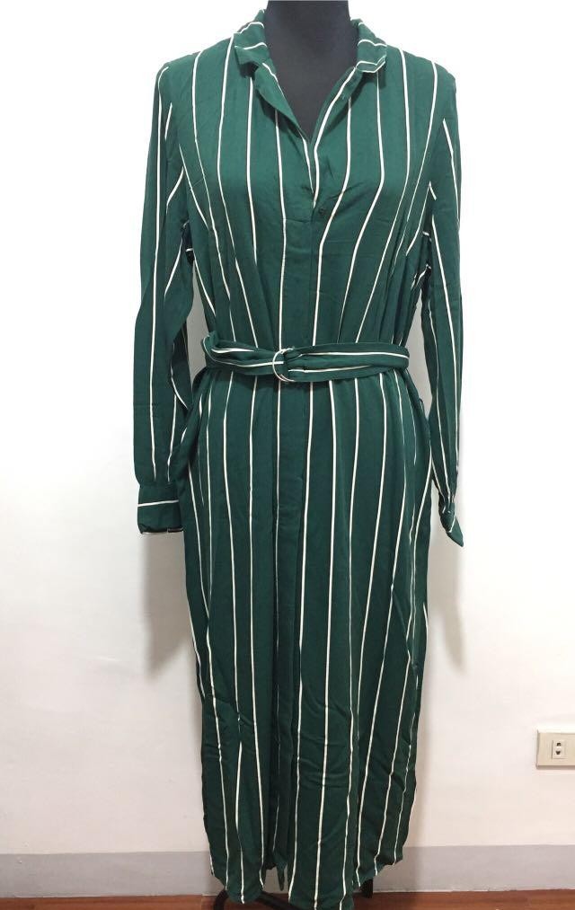 h&m green striped dress Ladies - Olive Green/Striped Shimmery Tie-Back Dress - Size: L