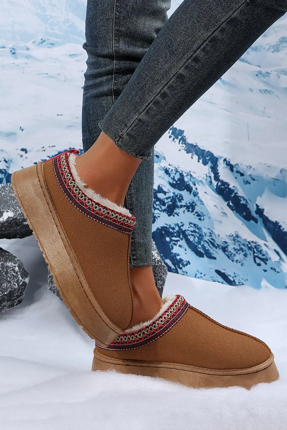 Chestnut Suede Contrast Print Plush Lined Snow Boots - Scarlett's Riverside Boutique