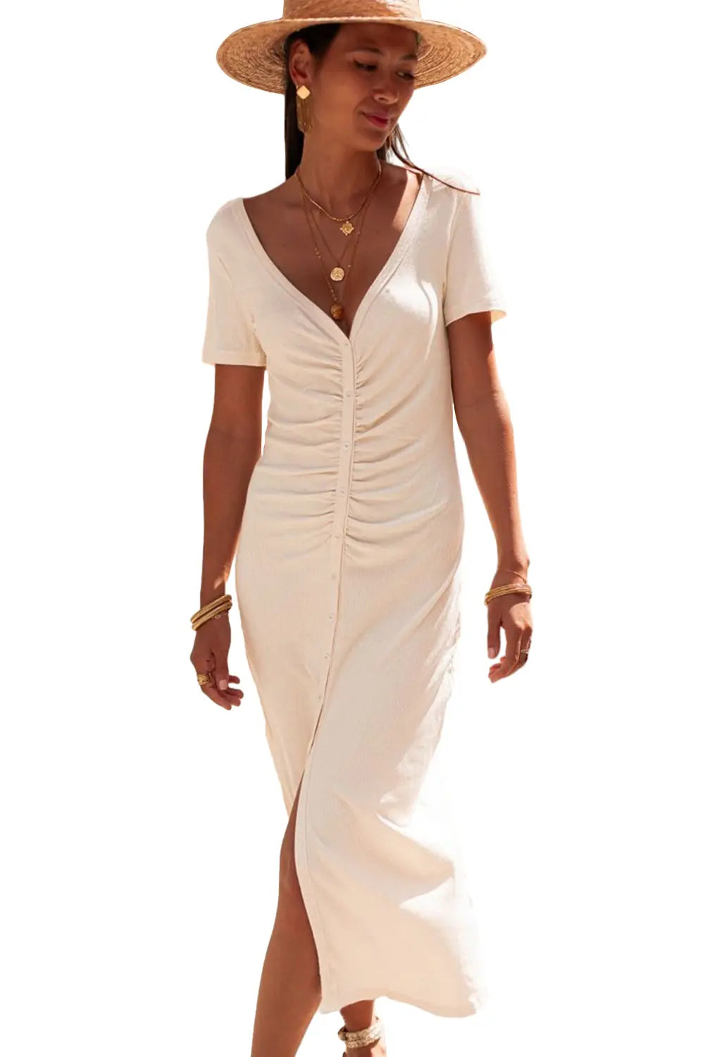 Beige V Neck Ruched Button Front French T-shirt Dress - Scarlett's Riverside Boutique