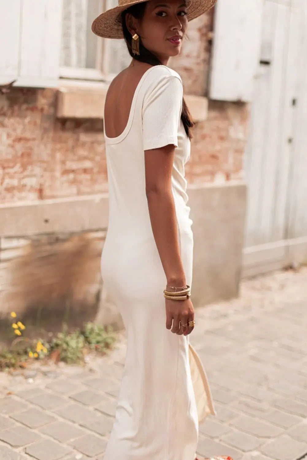Beige V Neck Ruched Button Front French T-shirt Dress - Scarlett's Riverside Boutique