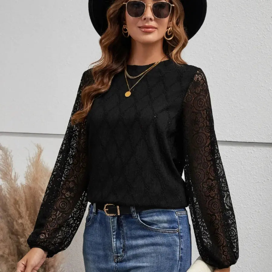 Round Neck Long Sleeve Blouse - Scarlett's Riverside Boutique