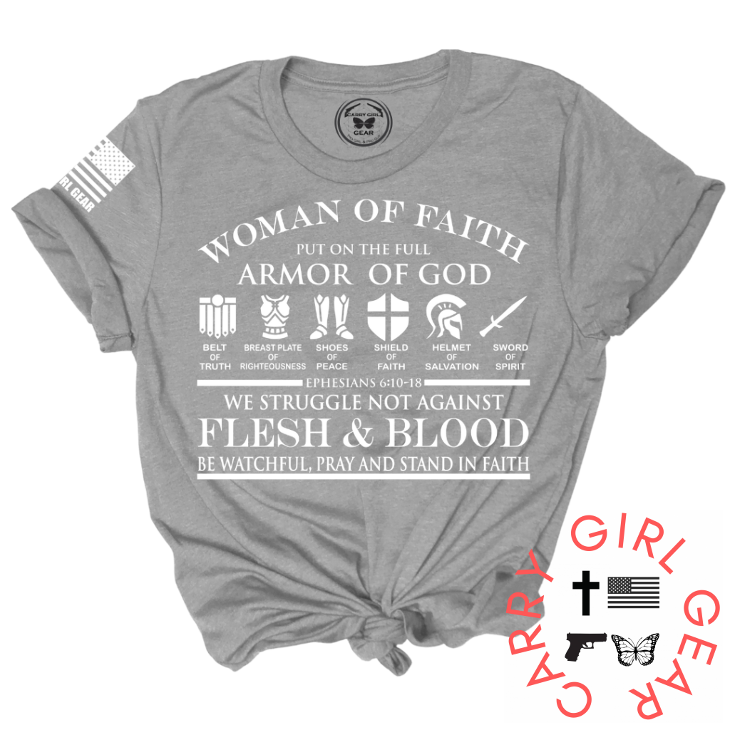 Women’s Christian T-Shirt – “Woman of Faith Armor of God” Ephesians 6:10-18 Bible Verse Tee – Religious Faith Apparel