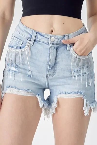 RISEN Frayed Hem Denim Shorts with Fringe Detail Pockets - Scarlett's Riverside Boutique