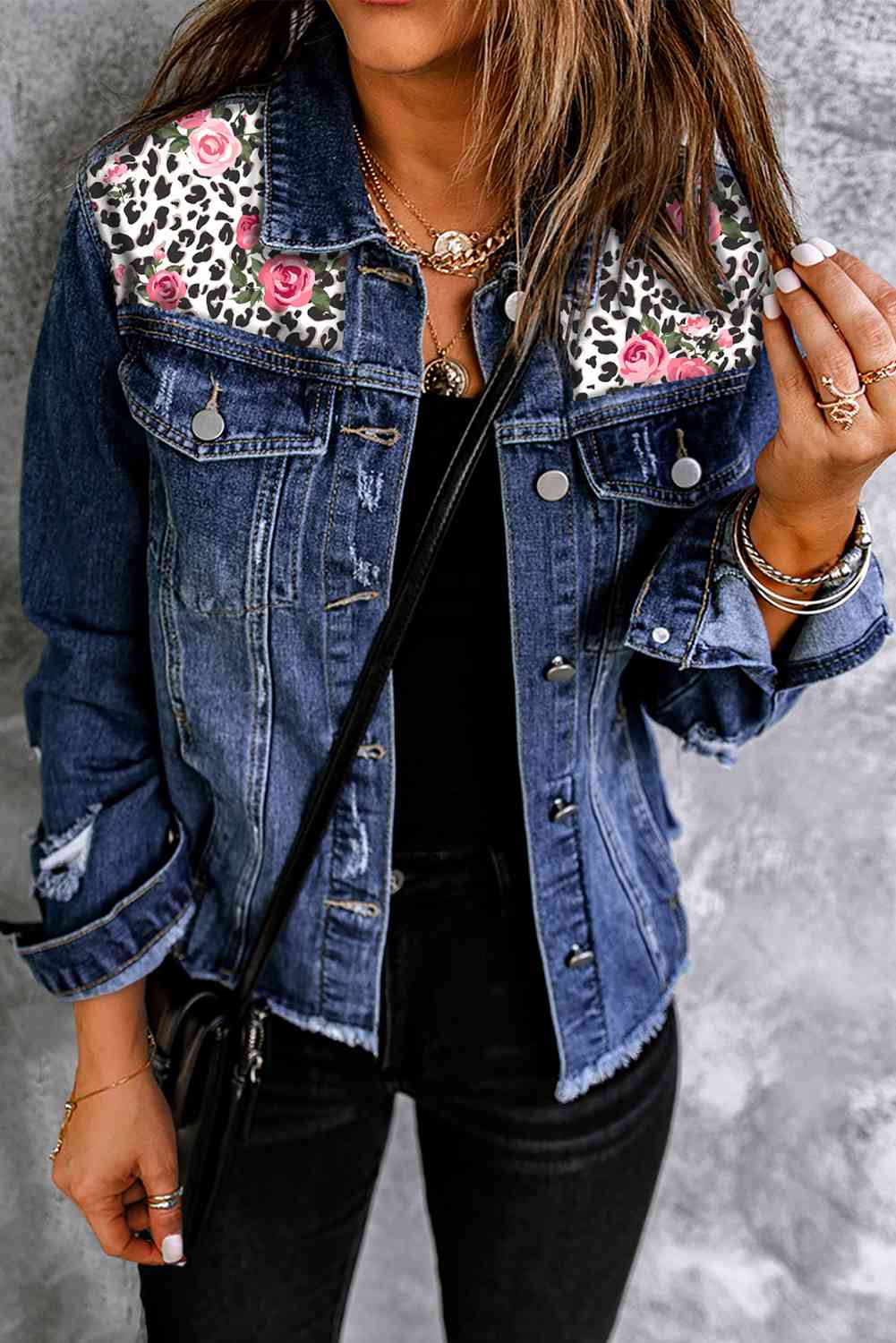 Mixed Print Distressed Button Front Denim Jacket - Scarlett's Riverside Boutique