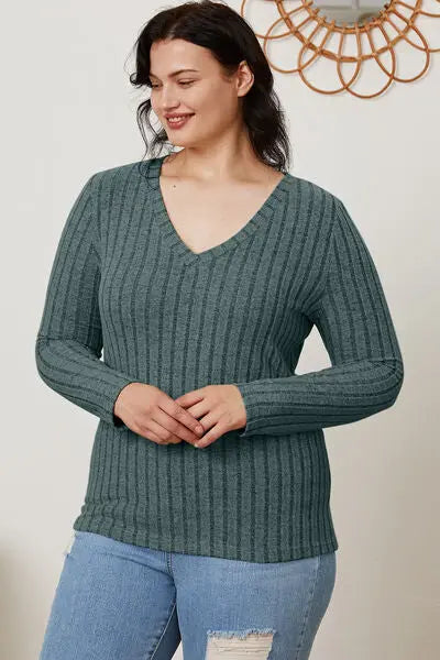 Basic Bae Full Size Ribbed V-Neck Long Sleeve T-Shirt - Scarlett's Riverside Boutique