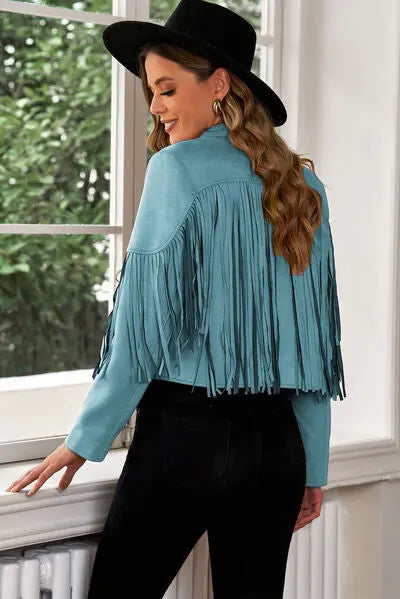 Fringe Trim Lapel Collar Cropped Blazer - Scarlett's Riverside Boutique