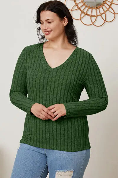 Basic Bae Full Size Ribbed V-Neck Long Sleeve T-Shirt - Scarlett's Riverside Boutique