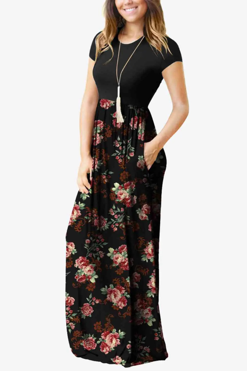 Full Size Printed Round Neck Short Sleeve Dress with Pockets - Scarlett's Riverside Boutique