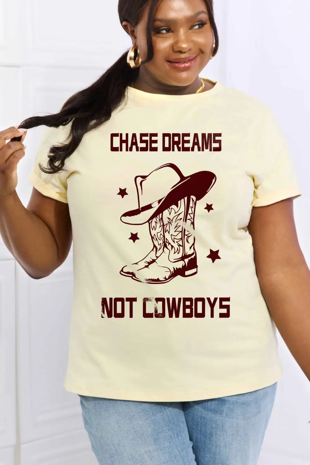Simply Love Simply Love Full Size CHASE DREAMS NOT COWBOYS Graphic Cotton Tee - Scarlett's Riverside Boutique