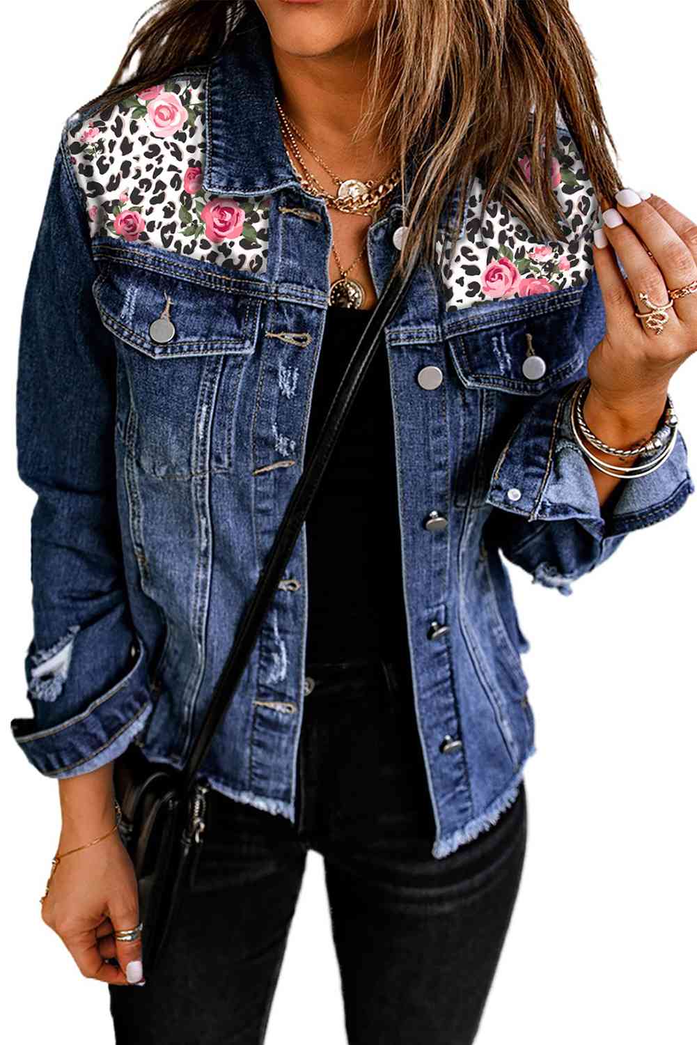 Mixed Print Distressed Button Front Denim Jacket - Scarlett's Riverside Boutique